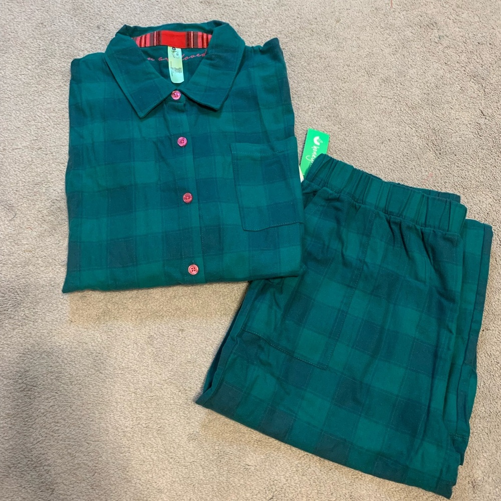 NEW Nordstrom Honeydew Teal Green Plaid Pajama Set Sz XL w/ Reusable Gift Bag